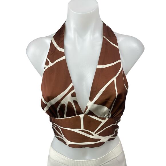 Victoria + Sophia Brown Halter Sleeveless Open Back Plunge V Blouse Crop Top S - Picture 1 of 3